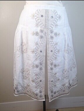 Anne Carson off-white 100% linen A-line skirt Rhinestone/Embroidery Detail SZ 4